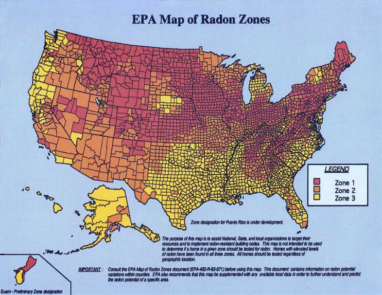 Areas of the United States effected by Radon Gas